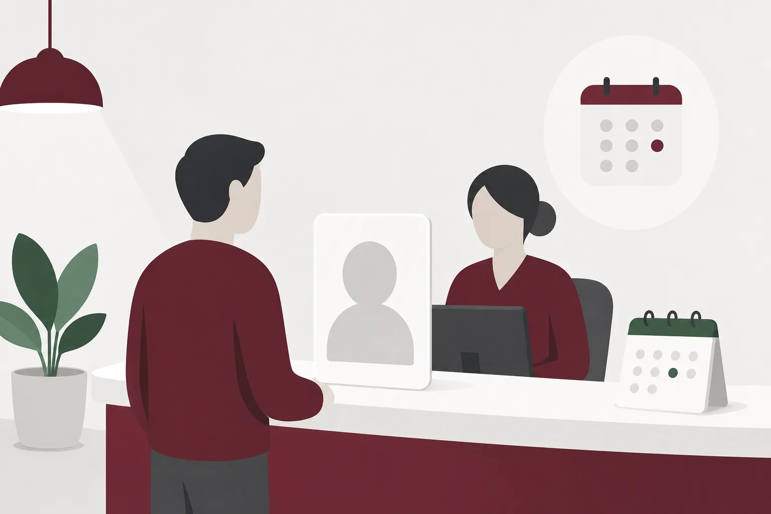 Illustration av en neutral id-kortssilhuett vid en bokningsdisk utan synliga personuppgifter