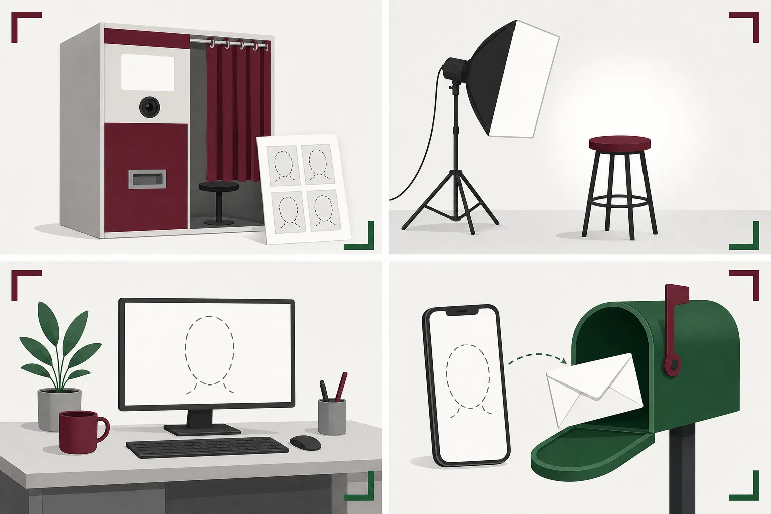 Illustration i fyra fält: fotoautomatbås med fotokarta, studiolampa mot en pall, kontorsdisk med ansiktsoval på en skärm och en mobil vid en brevlåda