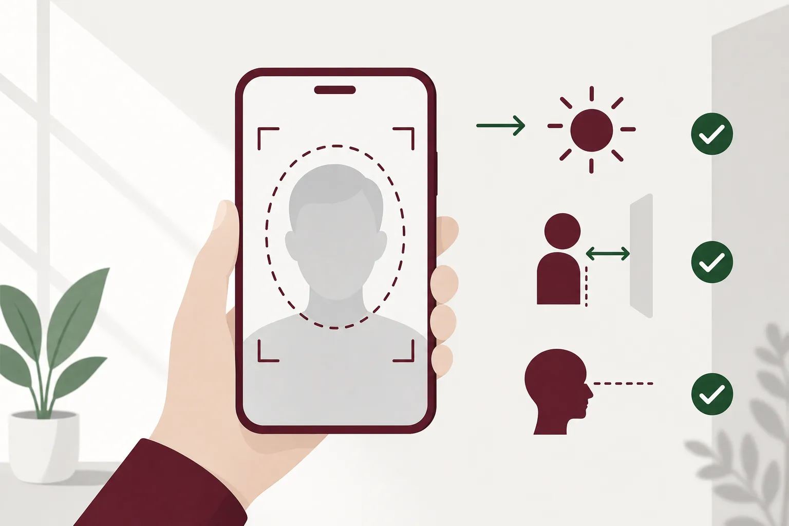 Illustration av en mobil som hålls i ansiktshöjd framför en ljus vägg, med beskärningsoval och måttmarkeringar på skärmen