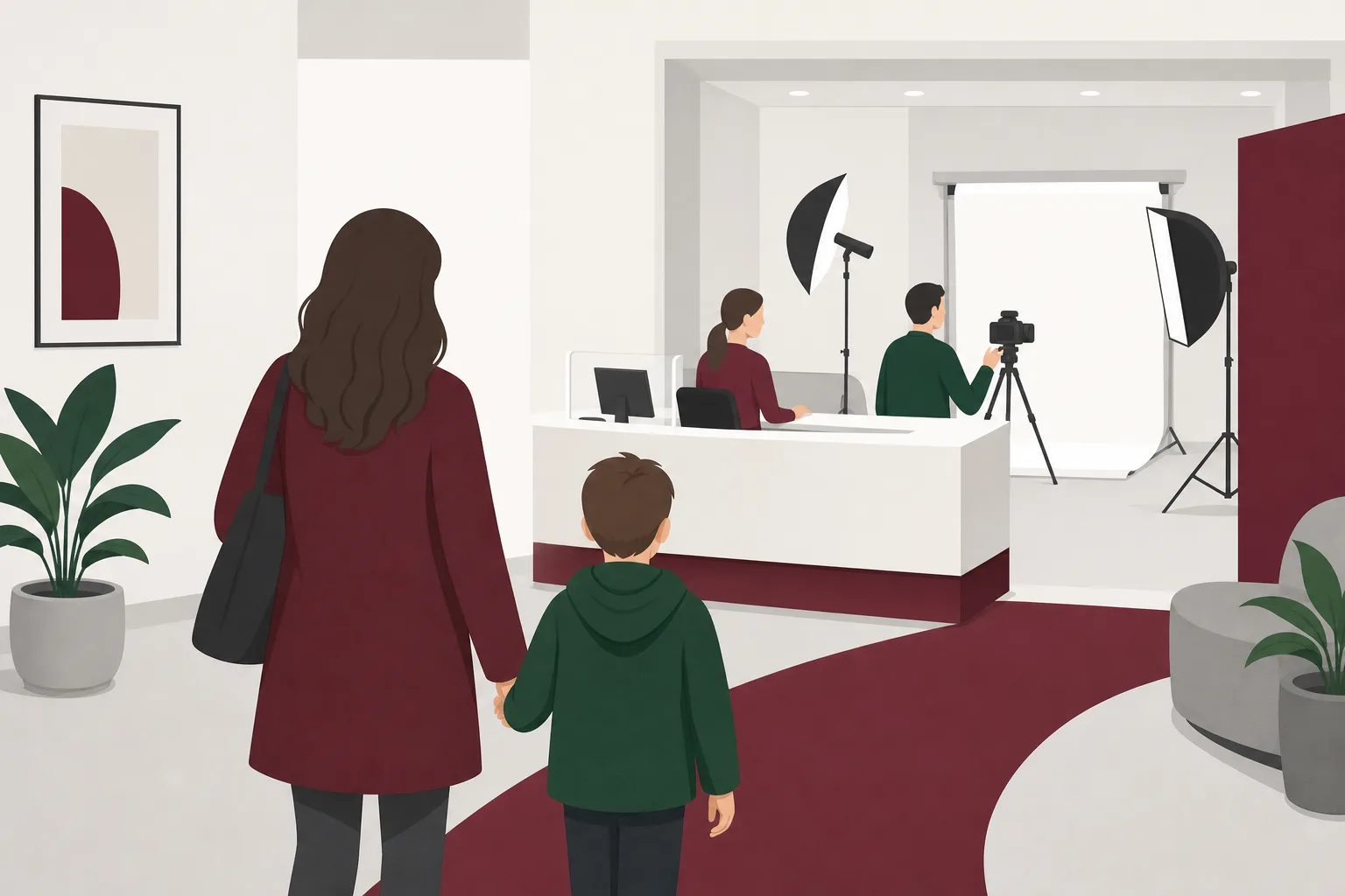 Illustration bakifrån av en vuxen och ett barn som går mot en stiliserad expeditionsdisk