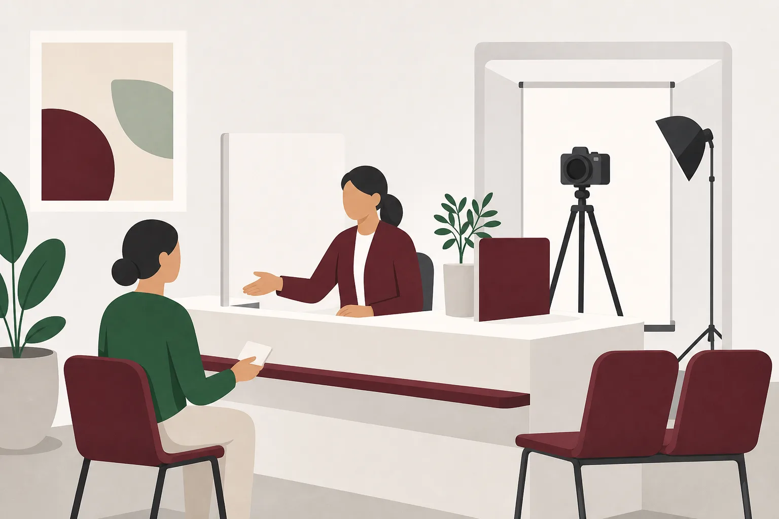 Illustration av en passexpedition med en nummerlapp, en reception och ett kamerastativ bakom disken