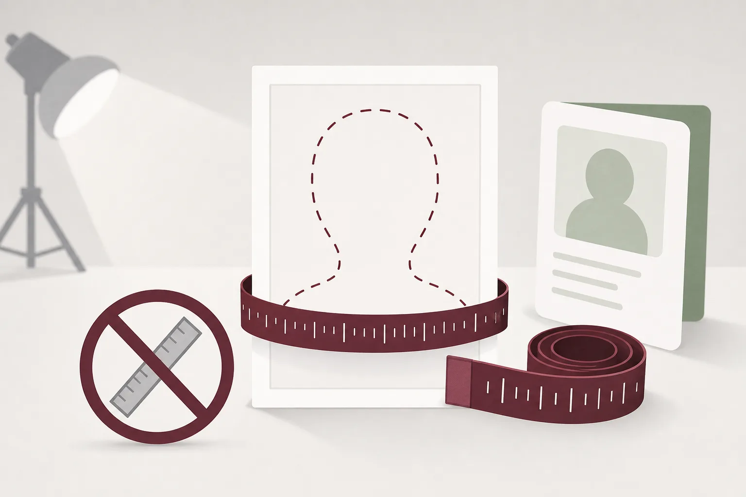 Illustration av ett måttband draget runt en tom passfotoram med en genomkryssad linjalsymbol