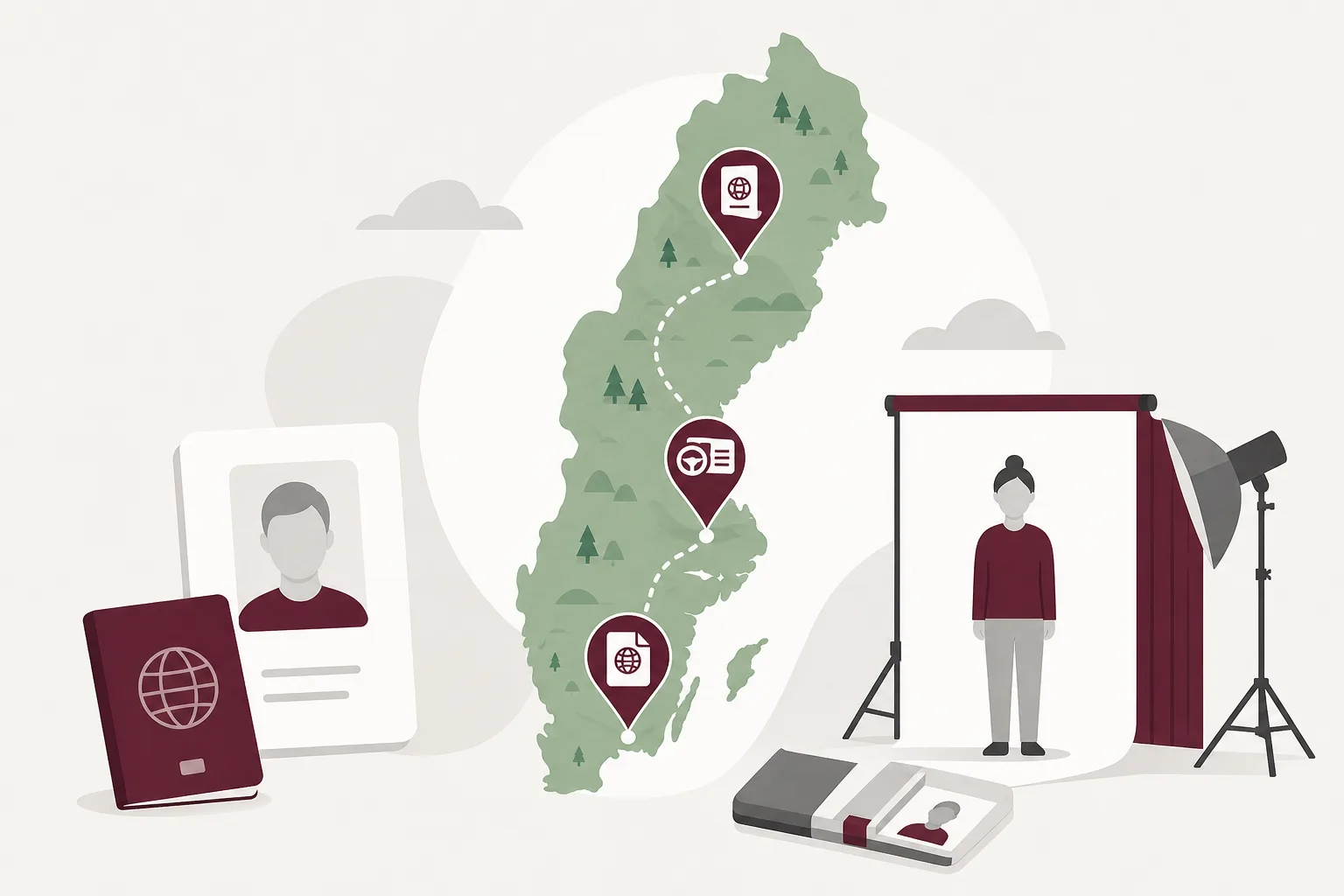 Illustration av en Sverigekarta med symboler för passexpedition, förarprovskontor och visumansökan