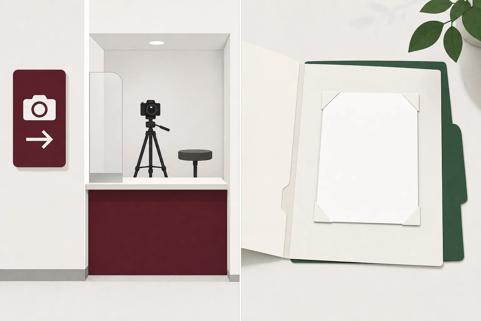 Illustration där en skylt med kamerasymbol pekar in mot passexpeditionens fotodisk, medan ett tomt fotopapper ligger i en ansökningsmapp på andra sidan