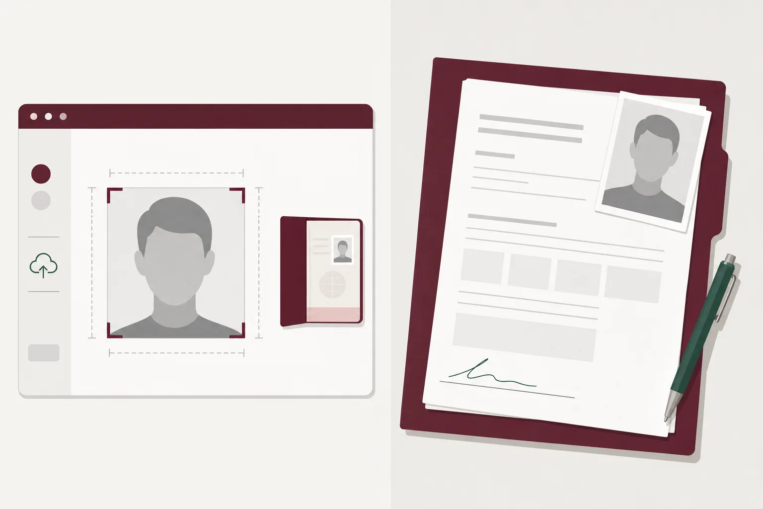Illustration som jämför en kvadratisk fotouppladdning i en e-visumansökan med en utskriven, signerad visumansökan där fotot sitter på blanketten
