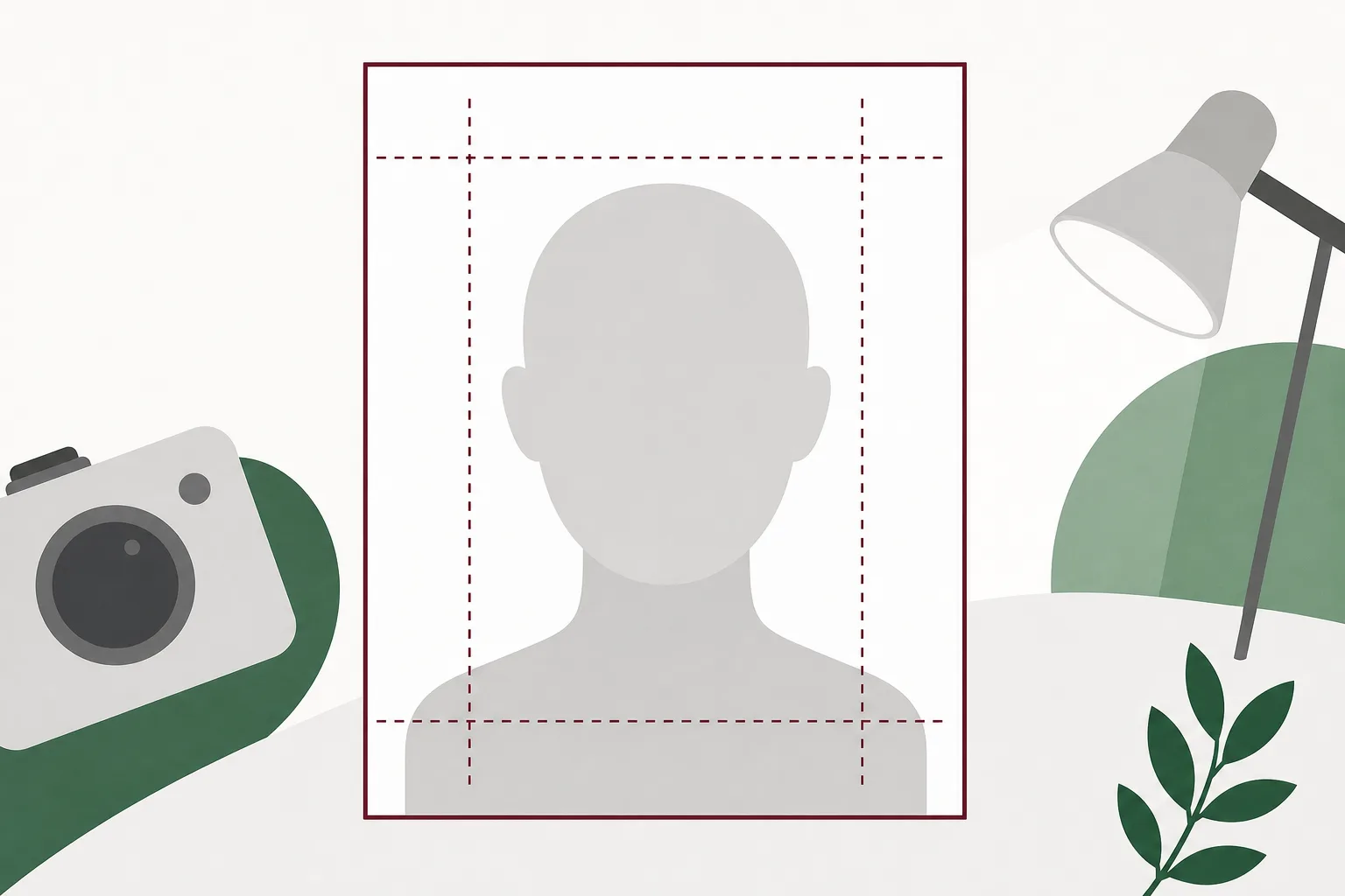 Illustration av en vit fotoram i formatet 48 gånger 33 millimeter med diskreta hjälplinjer för huvudets mått