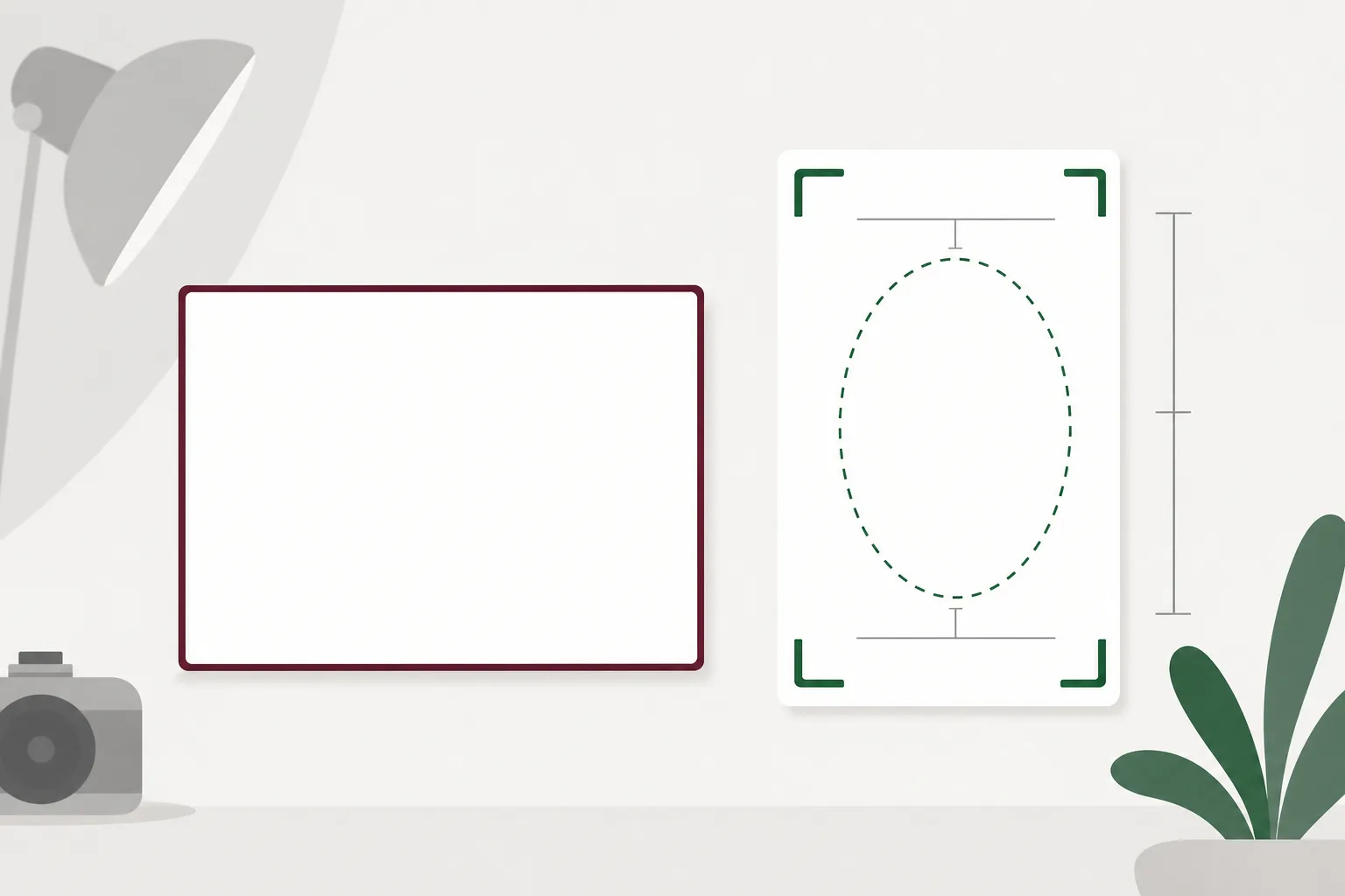 Illustration av två tomma vita fotokort i olika proportioner, där det smalare kortet har hörncrops, en streckad ansiktsoval och måttlinjer utan siffror