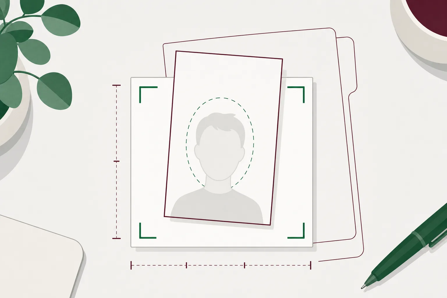 Illustration av ett kvadratiskt vitt fotokort med hörncrops och streckad ansiktsoval, med ett smalare rektangulärt kort lagt på skrå ovanpå som inte täcker hela ytan