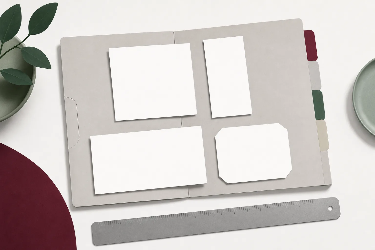 Illustration av en resemapp med fyra omärkta flikar och fyra tomma vita fotopapper i olika proportioner vid en linjal